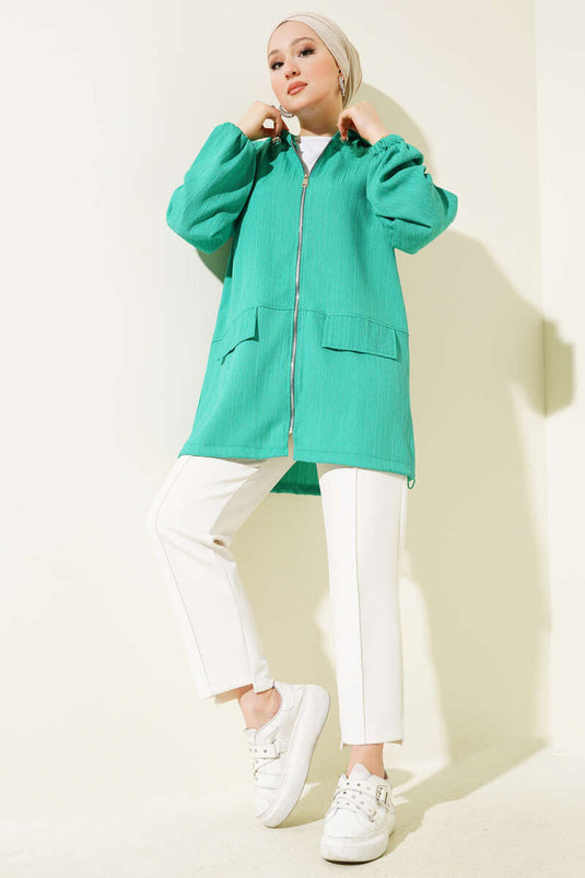 معطف من لحاء الشجر بغطاء رأس وسحاب، أخضر