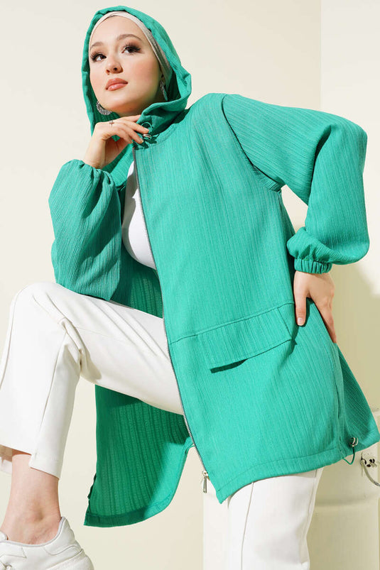 معطف من لحاء الشجر بغطاء رأس وسحاب، أخضر