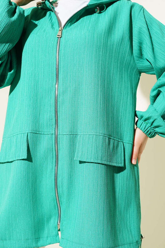 معطف من لحاء الشجر بغطاء رأس وسحاب، أخضر