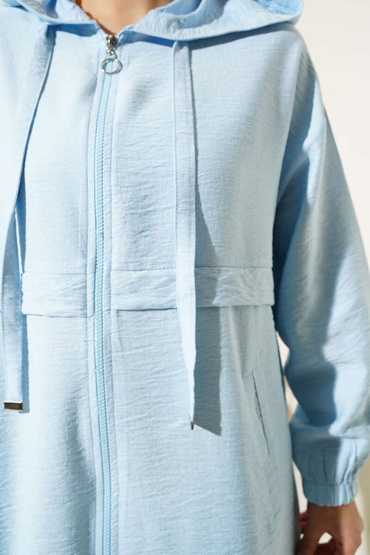 Hooded Zippered Car Coat Ice Blue