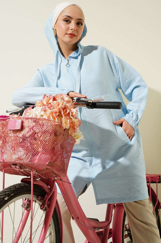 Hooded Zippered Car Coat Ice Blue