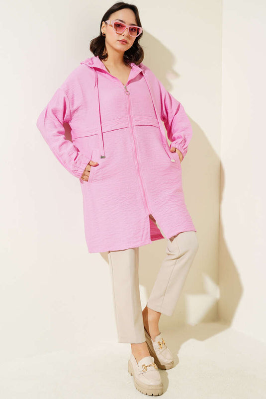 Hooded Zippered Car Coat Pink