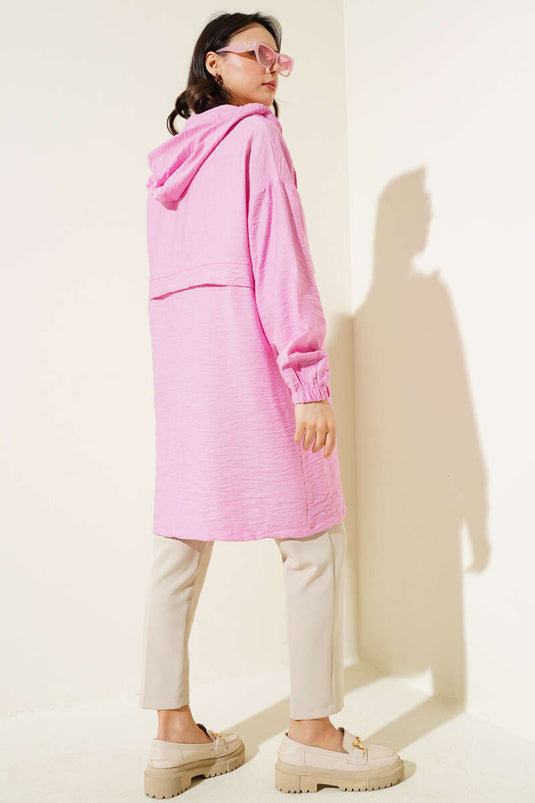 Hooded Zippered Car Coat Pink