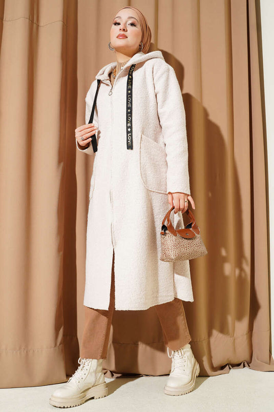 Manteau bouclé à capuche et fermeture éclair, beige