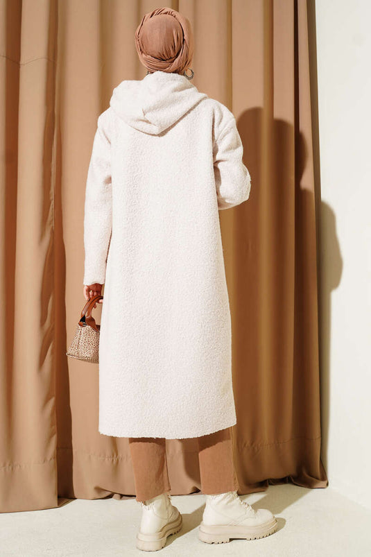 Manteau bouclé à capuche et fermeture éclair, beige