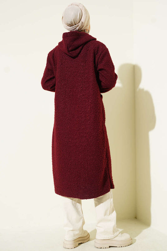 Veste bouclée zippée à capuche, bordeaux