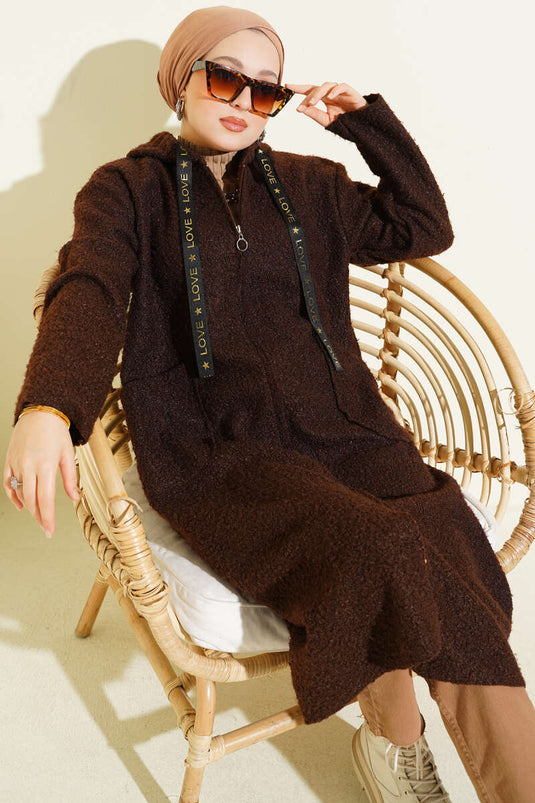 Veste bouclée zippée à capuche couleur café