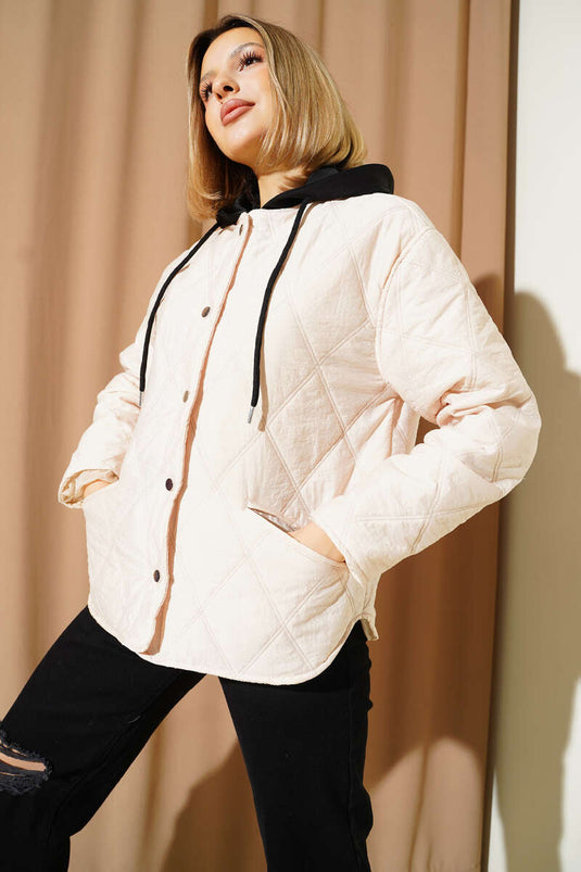 جاكيت بسحاب وغطاء رأس - لون حجري