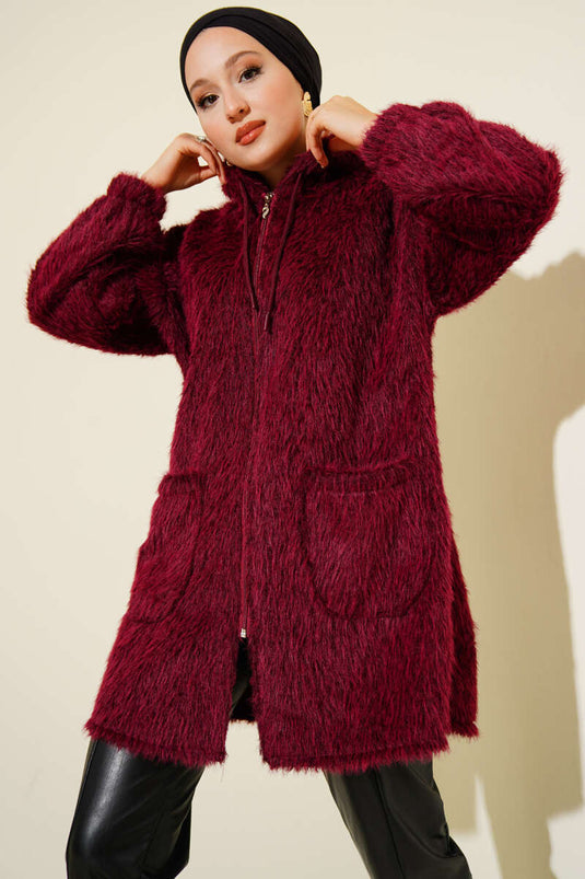 Kapüşonlu Fermuarlı Cepli Hırka Bordo