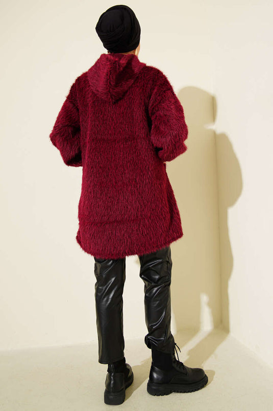 Kapüşonlu Fermuarlı Cepli Hırka Bordo