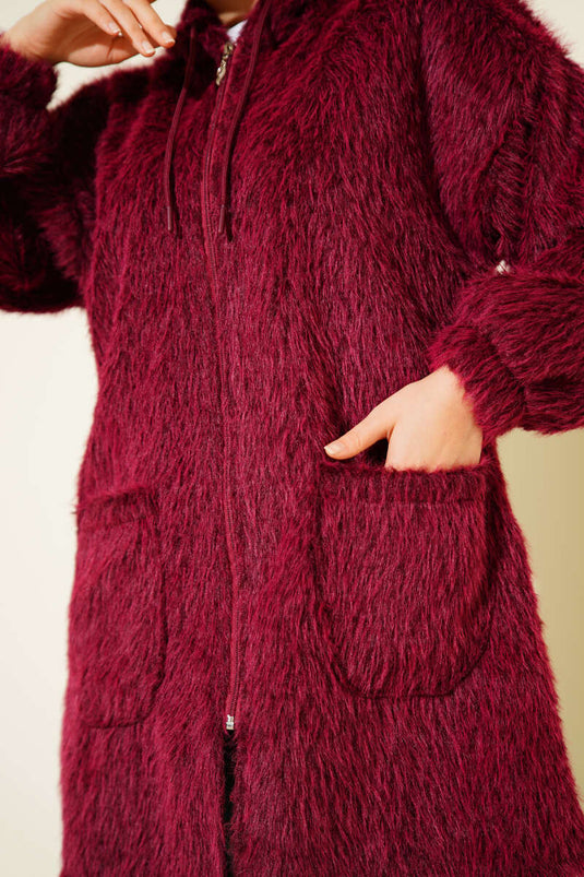 Kapüşonlu Fermuarlı Cepli Hırka Bordo