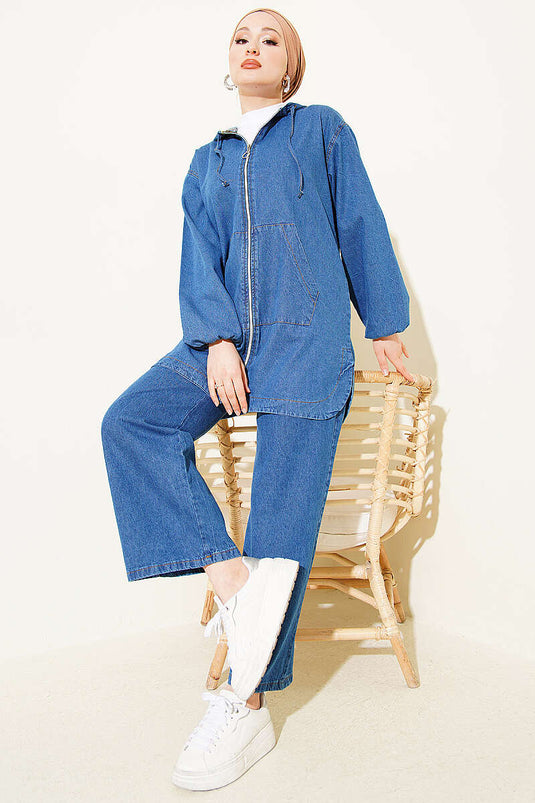 Hooded Zip-Up Pocket Denim Set Blue