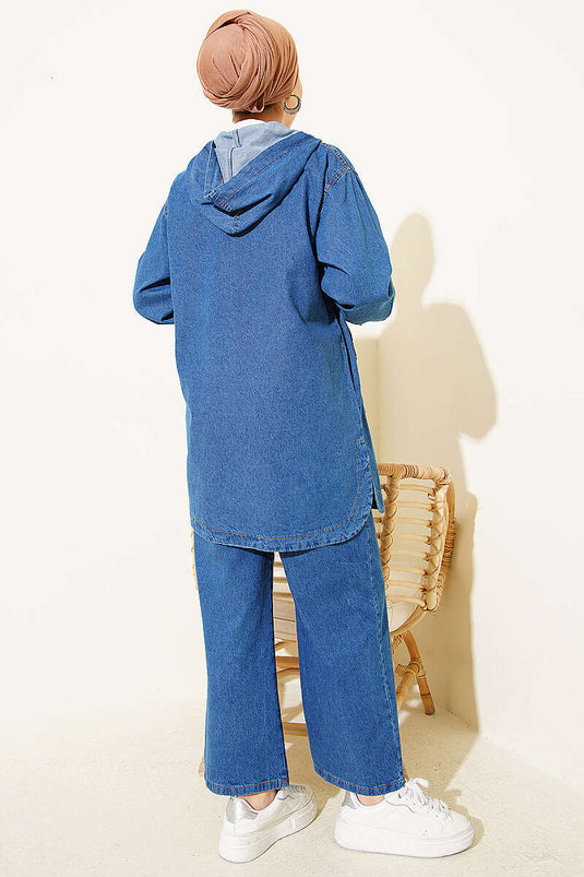 Hooded Zip-Up Pocket Denim Set Blue