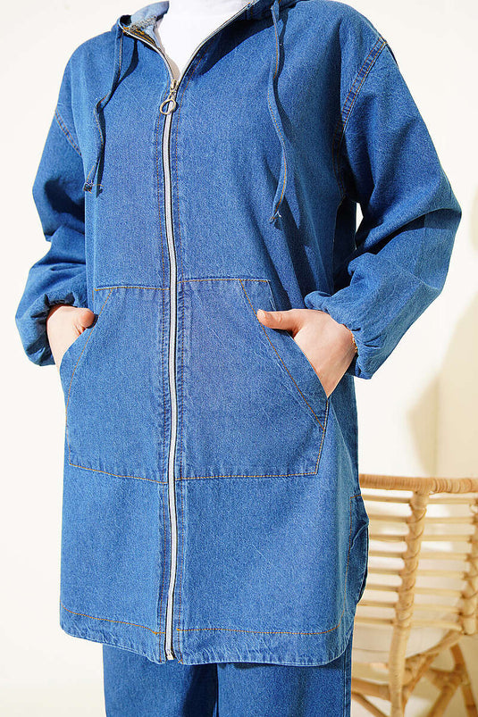 Hooded Zip-Up Pocket Denim Set Blue