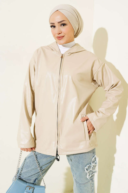 Hooded Zippered Leather Jacket Beige