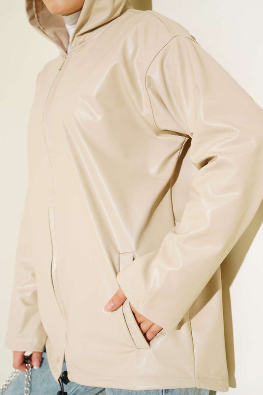 Hooded Zippered Leather Jacket Beige