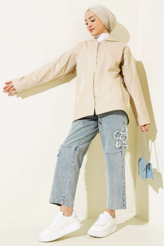 Hooded Zippered Leather Jacket Beige