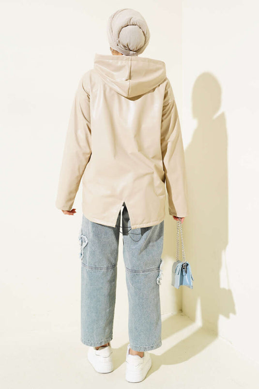 Hooded Zippered Leather Jacket Beige