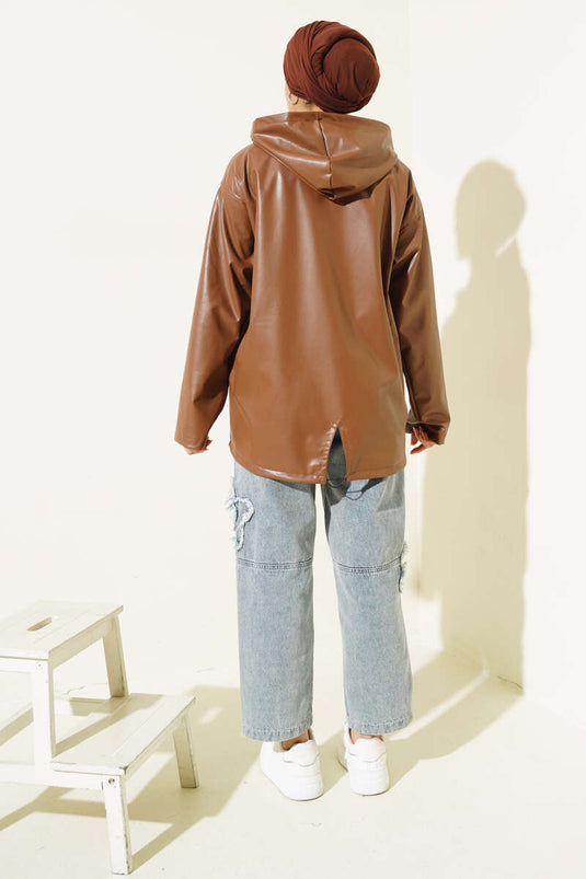 Giacca in pelle con cerniera e cappuccio Marrone chiaro