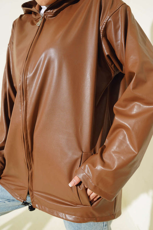 Giacca in pelle con cerniera e cappuccio Marrone chiaro