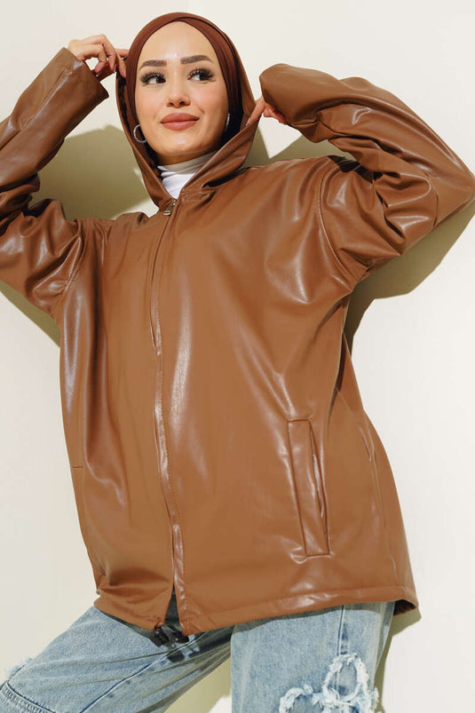 Hooded Zippered Leather Jacket Tan