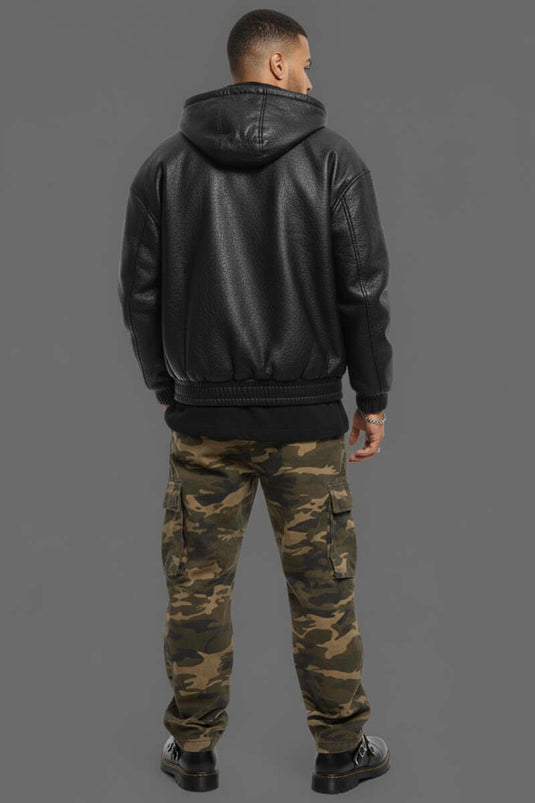 Men's Hooded Zip-Up Leather Jacket, Black