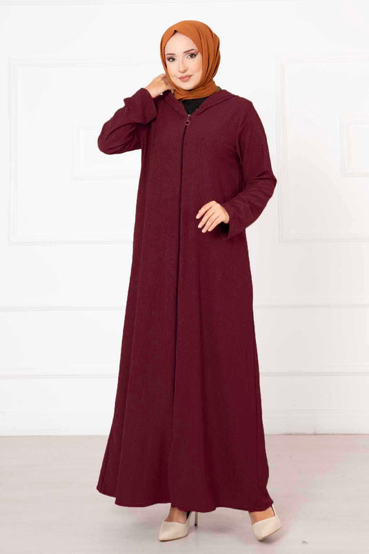 Hooded Zippered Abaya Burgundy