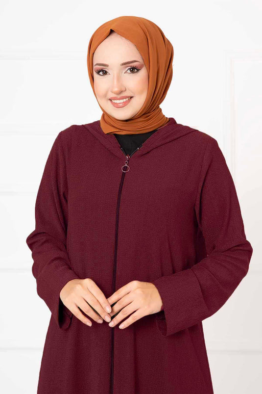 Hooded Zippered Abaya Burgundy