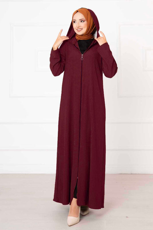 Hooded Zippered Abaya Burgundy