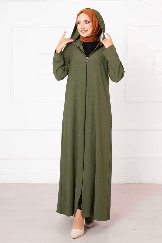 Hooded Zippered Abaya Khaki
