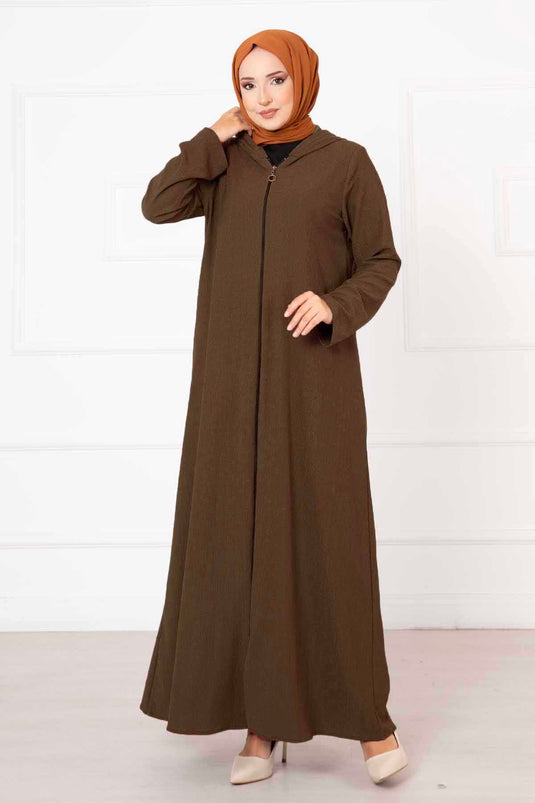 Hooded Zippered Abaya Brown