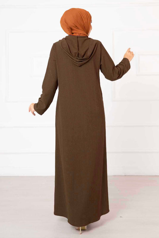 Hooded Zippered Abaya Brown