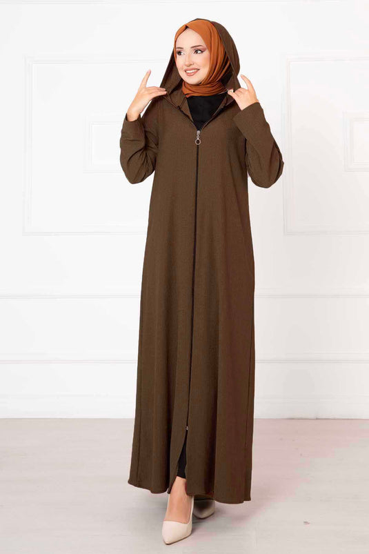 Hooded Zippered Abaya Brown