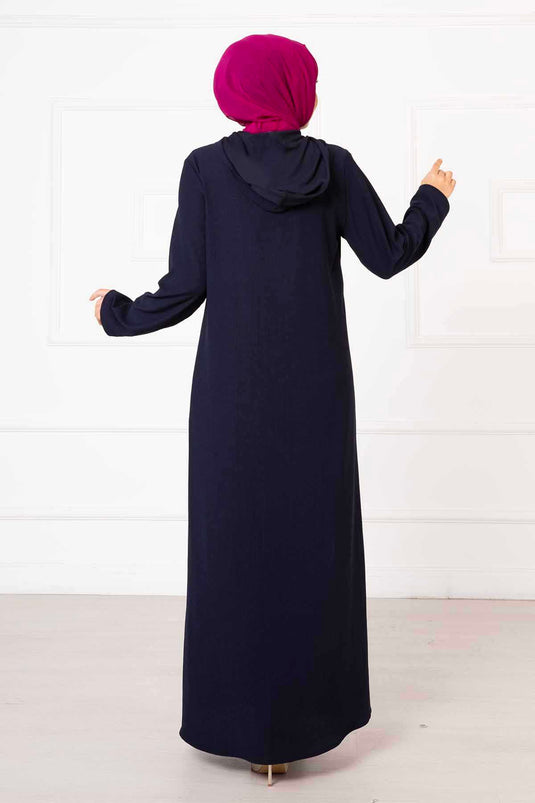 Hooded Zippered Abaya Navy Blue