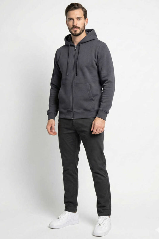 سترة بغطاء رأس بسحاب بلون رمادي دخاني