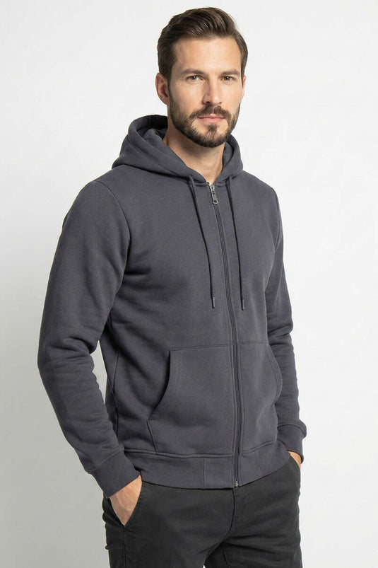 سترة بغطاء رأس بسحاب بلون رمادي دخاني