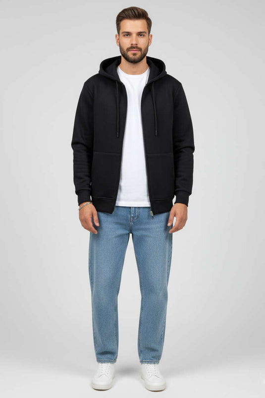 Hooded Zip-Up Cardigan, Black