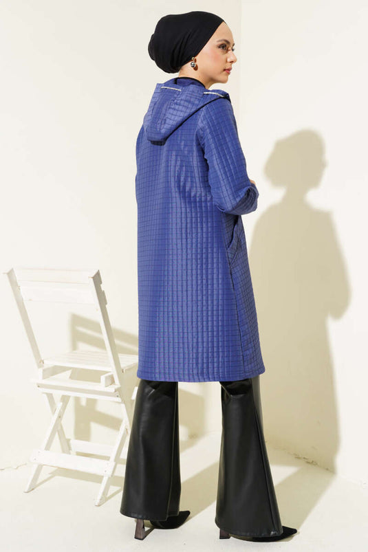 Hooded Zippered Quilted Jacket Navy Blue