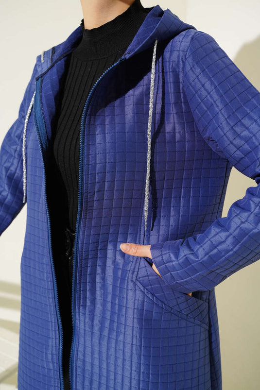 Hooded Zippered Quilted Jacket Navy Blue