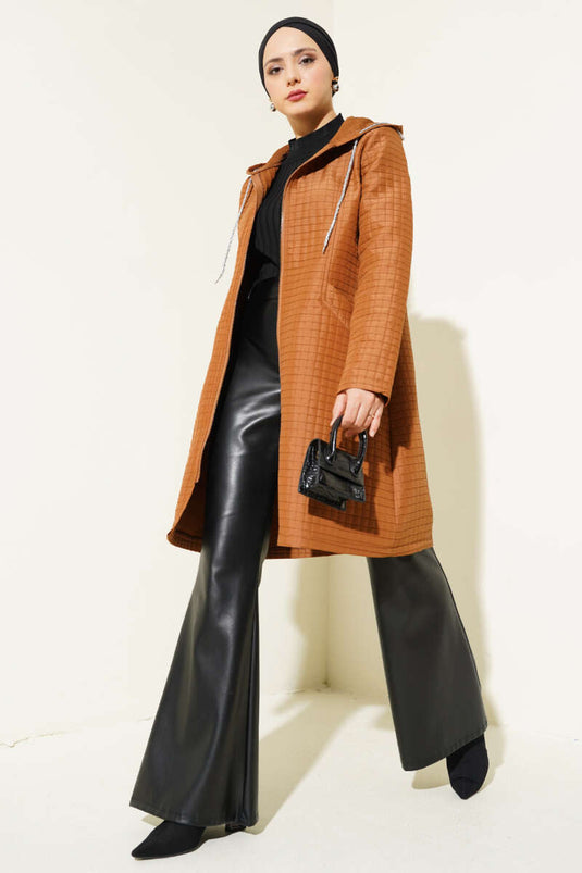 Hooded Zippered Quilted Jacket Tan