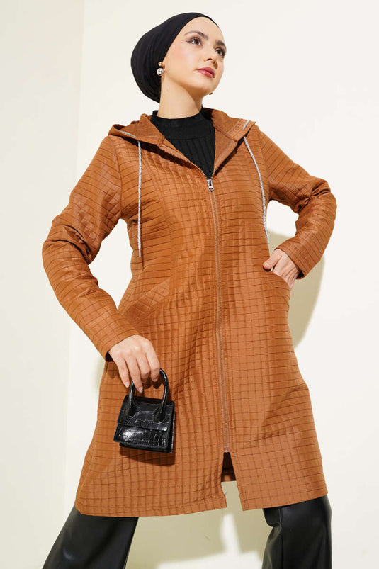 Hooded Zippered Quilted Jacket Tan