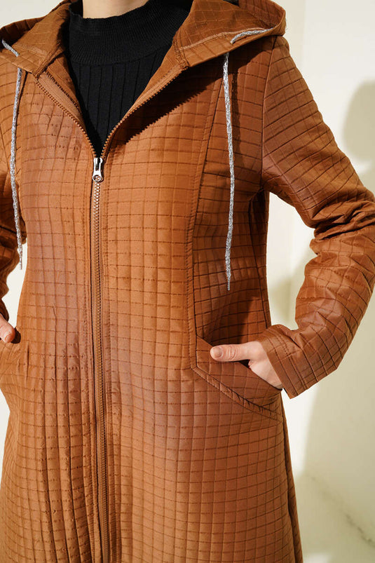 Hooded Zippered Quilted Jacket Tan