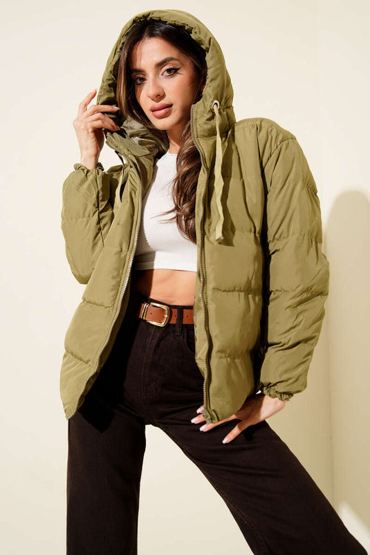 جاكيت قصير منفوخ بسحاب وغطاء رأس، أخضر فاتح