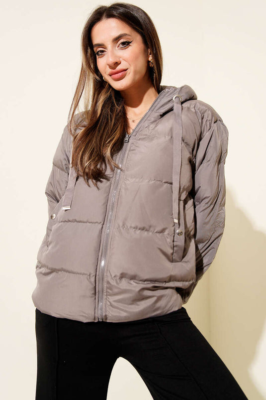 Doudoune courte à capuche zippée, gris foncé