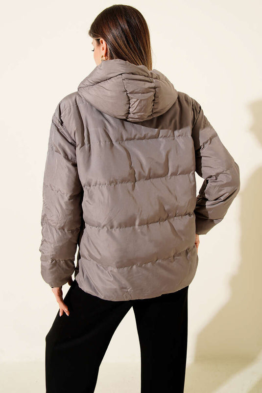 Doudoune courte à capuche zippée, gris foncé