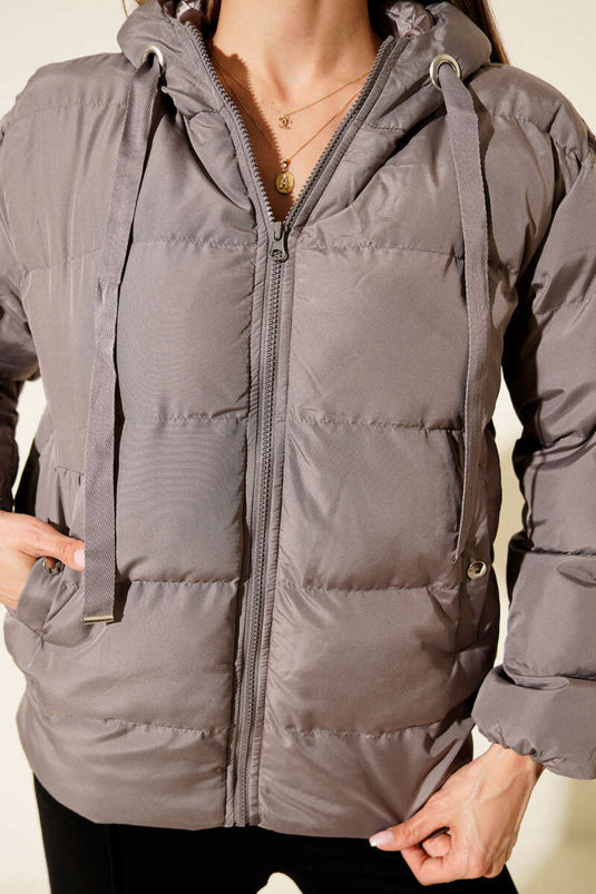 جاكيت قصير منفوخ بسحاب وغطاء رأس، رمادي داكن