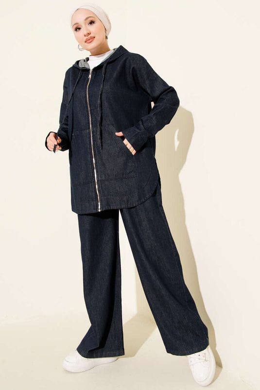 Kapüşonlu Fermuarlı Kot İkili Takım Kot