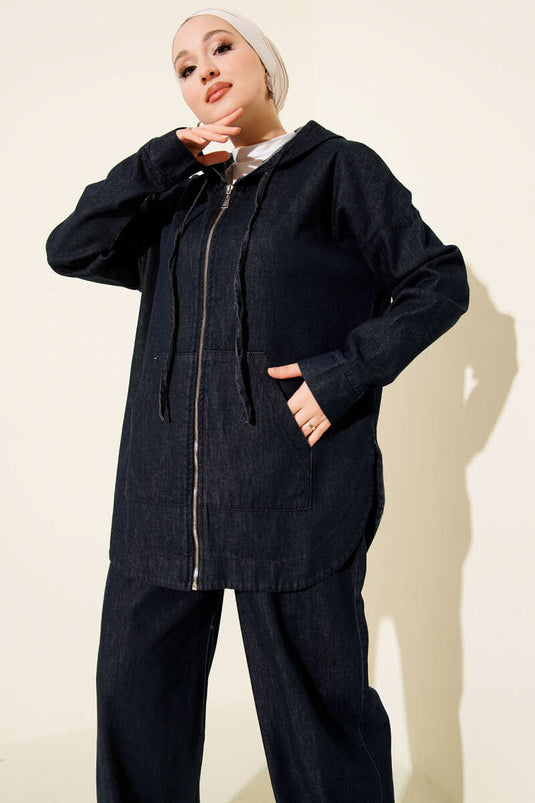 Ensemble deux pièces en denim à capuche et fermeture éclair