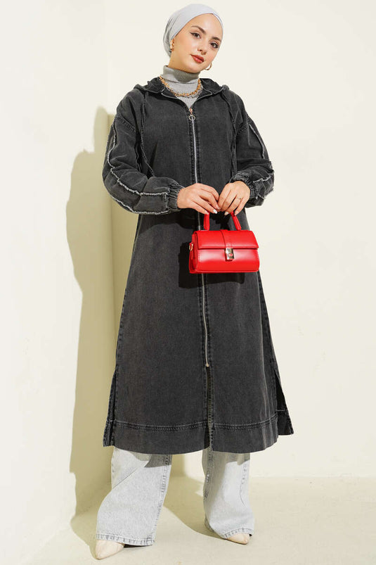 معطف جينز بغطاء رأس وسحاب، لون مدخن