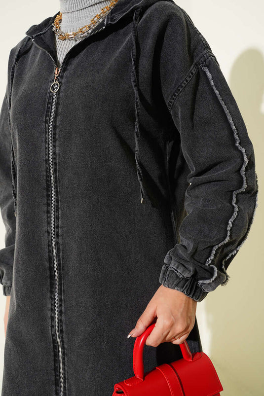 معطف جينز بغطاء رأس وسحاب، لون مدخن